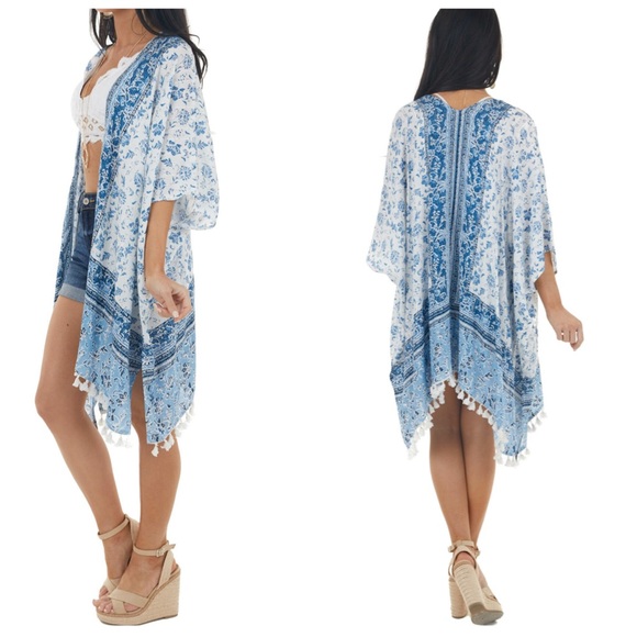 Blue & White Floral Tassel Kimono Wrap or Cover Up - Picture 4 of 4